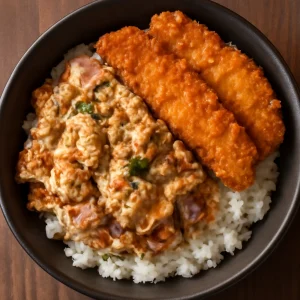 Friss tonhalas-majonézes katsudon, rizzsel tálalva