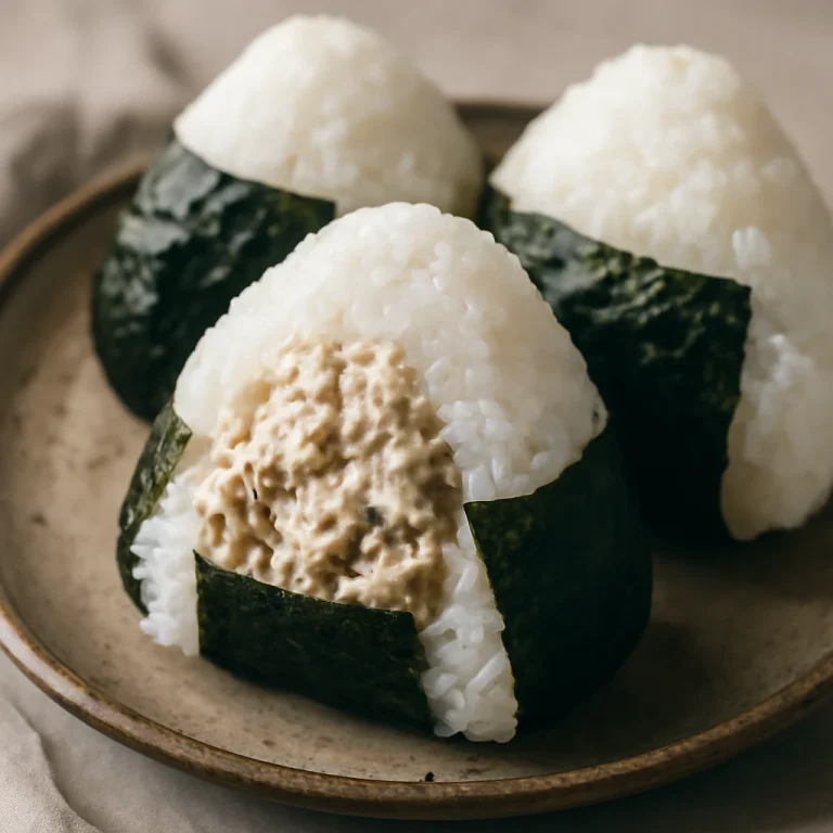 Tonhalas-majonézes onigiri, háromszög alakú, szezámmaggal megszórva, nori algával