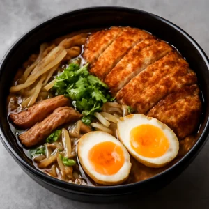 Finom tonkatsu ramen, gazdag tonkatsu szójaszósszal és sült sertéshússal