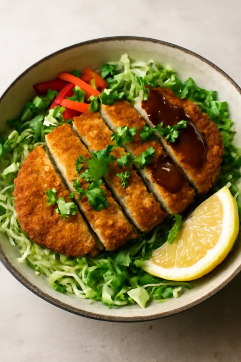 Tonkatsu tál káposzta, szójaszósszal, ropogós halakkal és friss zöldségekkel