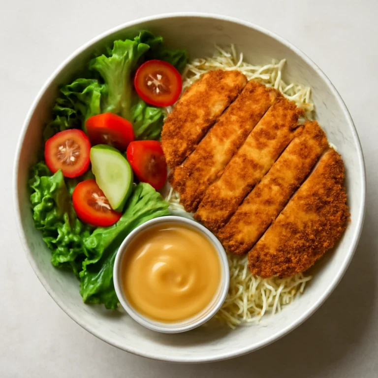Tonkatsu tál mustárral, sült hússal és friss salátával