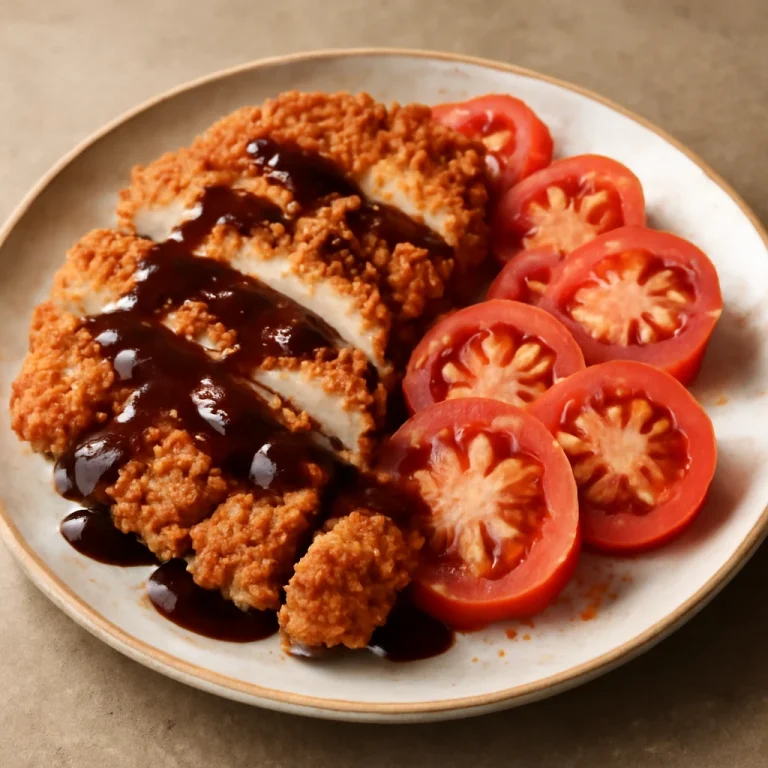 Tonkatsu tál paradicsom, ropogós sertéshús szeletek friss paradicsommal tálalva