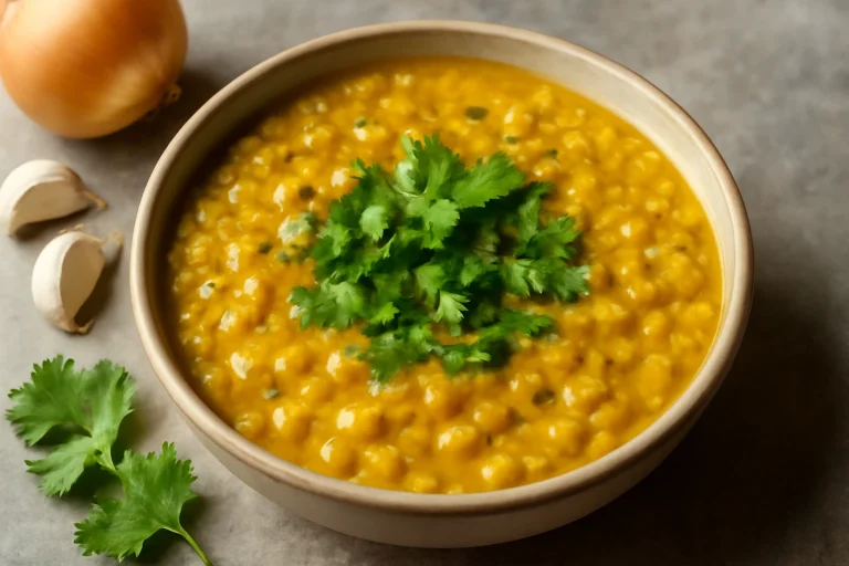 Toor dal sárga lencse tál friss korianderrel díszítve