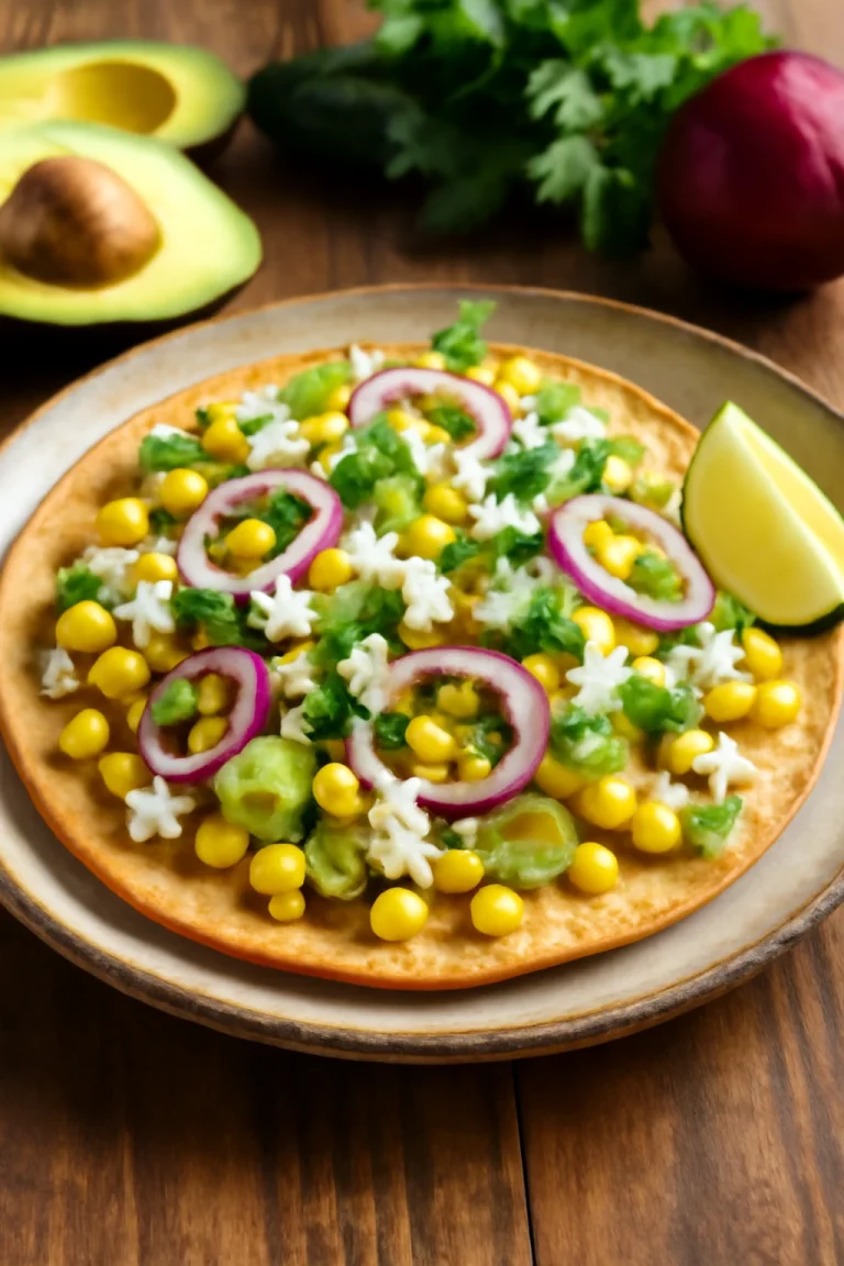 Frissen készített Tostada kukoricával és avokádóval, feta sajttal tálalva.