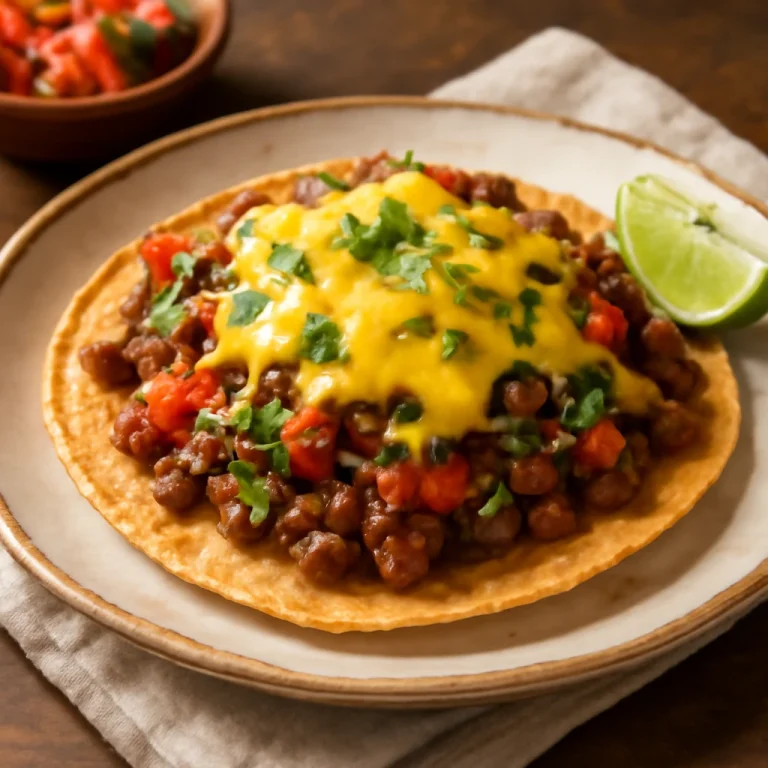 Tostada marhahússal, ropogós tortilla sajttal és korianderrel díszítve