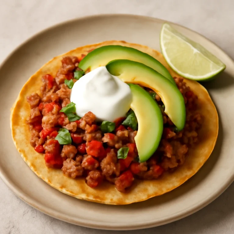 Tostada sertéshússal, friss avokádóval és joghurttal tálalva
