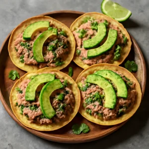 Ropogós Tostada tonhallal, friss avokádóval és korianderrel