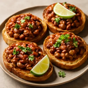 Pirított kenyér babbal és korianderrel, friss lime-mal