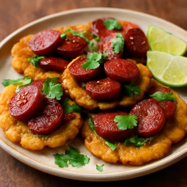 Tostón chorizóval, ropogós banánszeletek és fűszeres kolbászdarabok
