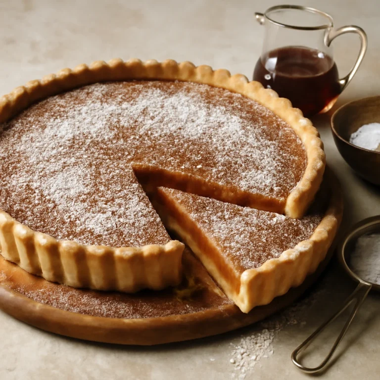 Finom treacle tart rumos ízesítéssel, tálalva porcukorral