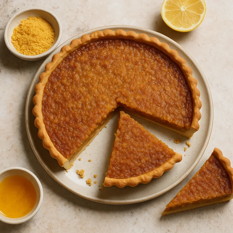 Vegán treacle tart, aranybarna színű pite, szeletelve és tálalva
