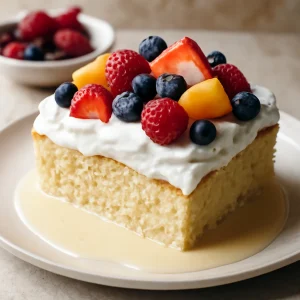 Krémes tres leches torta, gazdag tejességgel és friss gyümölcsökkel