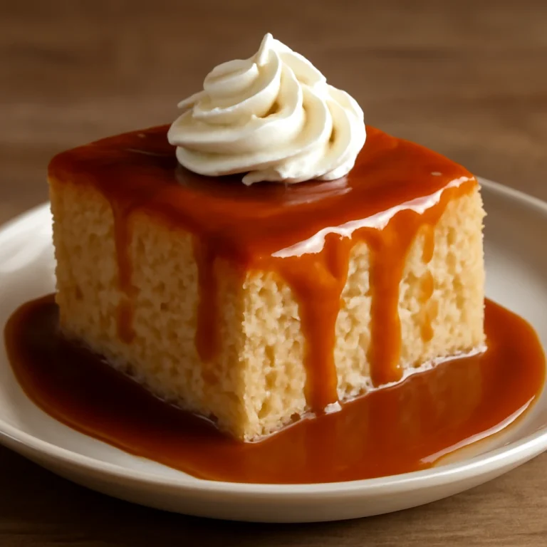 Tres leches karamellel, tejjel átitatott piskóta fehér tányéron