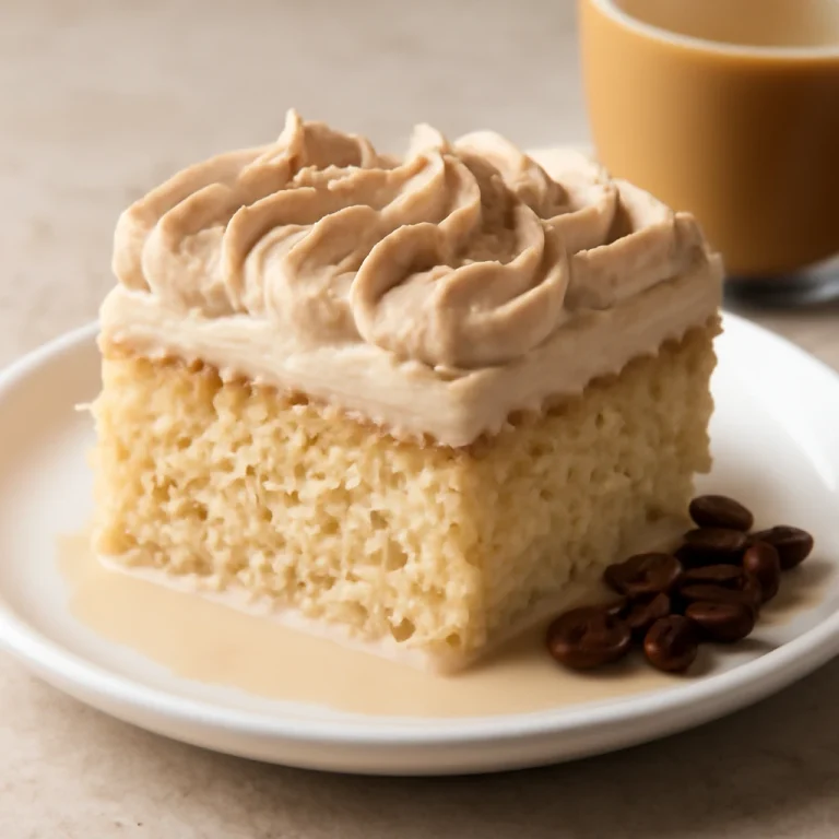 Tres leches kávéval, tejjel átitatott piskóta fehér tányéron