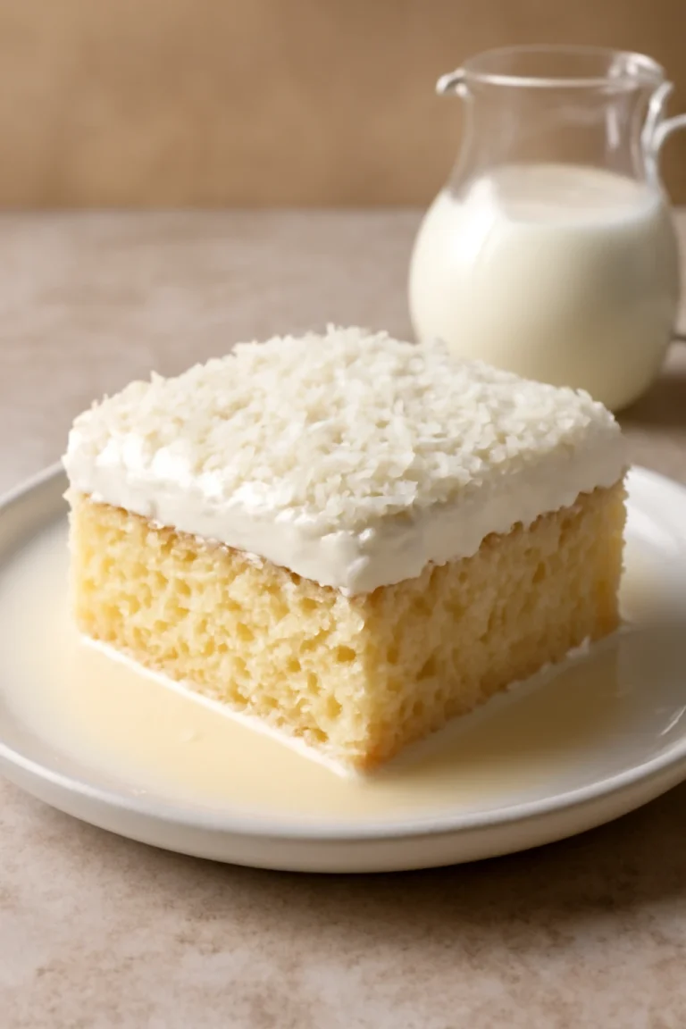 Tres leches kókuszreszelékkel, tejjel átitatott piskóta fehér tányéron