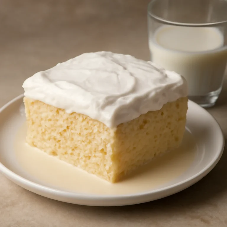 Tres leches tejjel, tejjel átitatott piskóta fehér tányéron