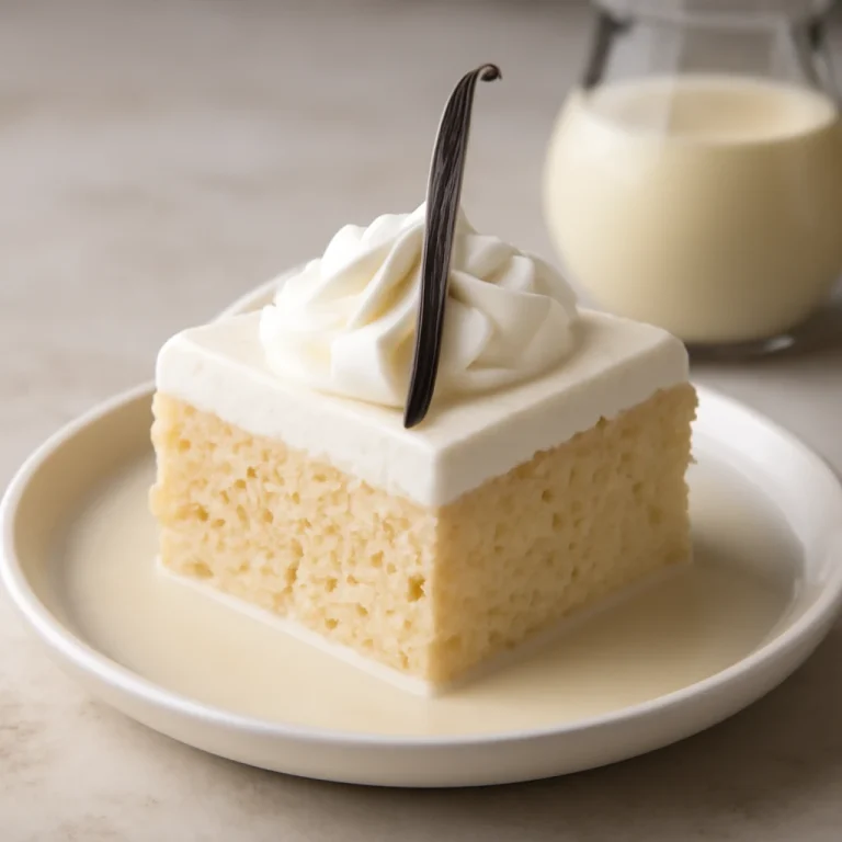 Tres leches vaníliával szelet, tejjel átitatott piskóta fehér tányéron