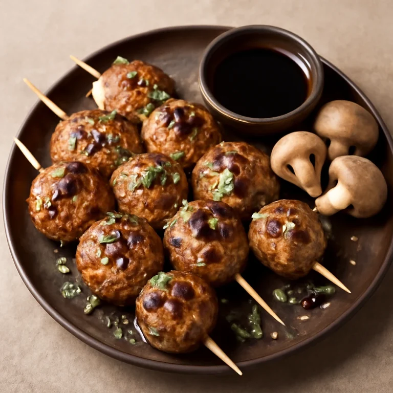 Tsukune gombócok gombával, szójaszósszal tálalva
