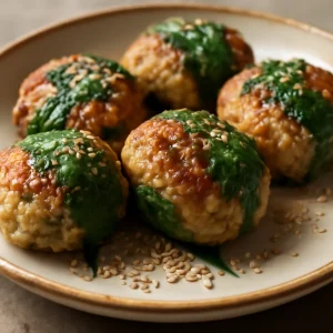 Japán tsukune húsgombócok shiso levelekkel