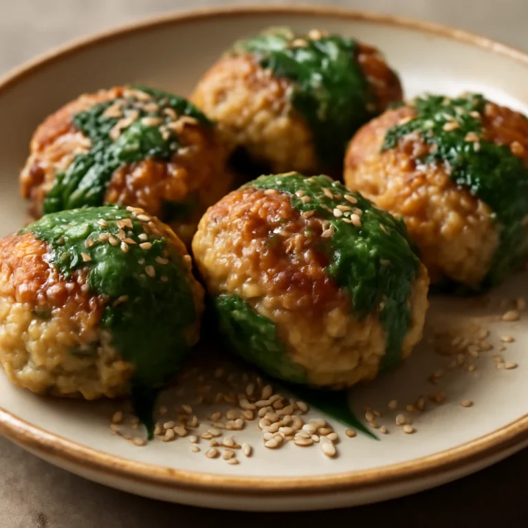 Tsukune shisoval, csirkehúsos húsgombócok shiso levelekkel, tálalva szezámmaggal