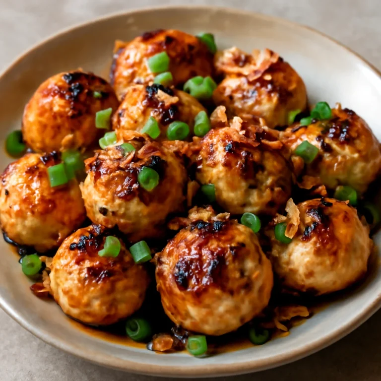 Tsukune tofuval tálalva, japán gombócok, zöldhagymával és sült hagymával.