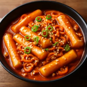 Ínycsiklandó tteokbokki ramentésztával, szezámmaggal és zöldhagymával