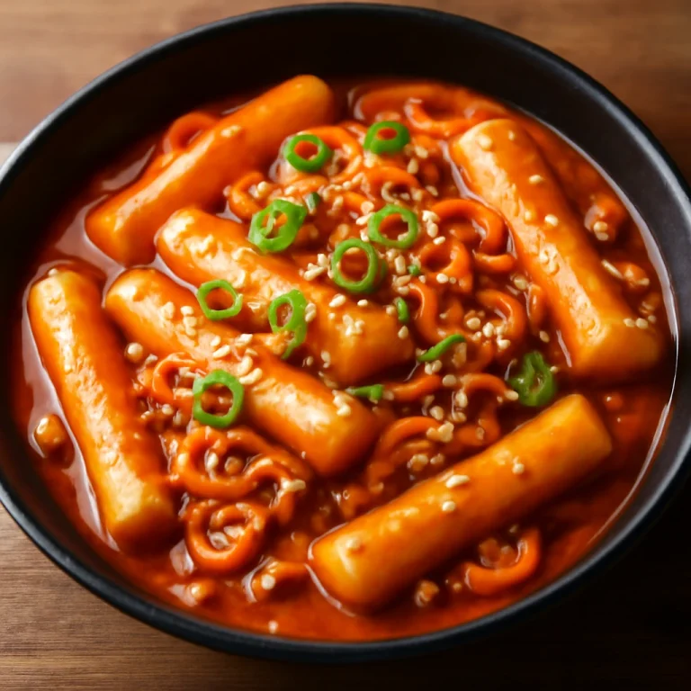 Tteokbokki ramentésztával, szezámmaggal és zöldhagymával tálalva