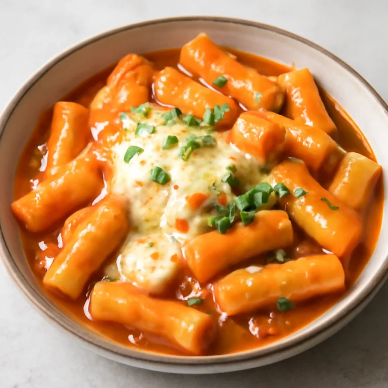 Tteokbokki sajttal, koreai rizstészta sajtos szószban