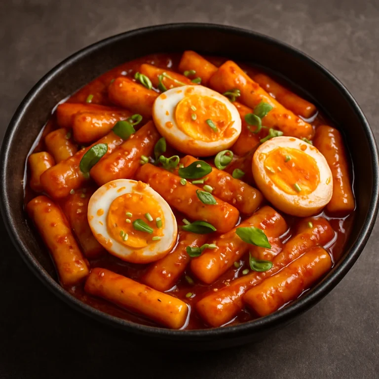 Tteokbokki csípős szószban főtt tojással, újhagymával és szezámmaggal tálalva