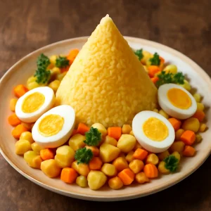 Indonéz tumpeng főtt tojással tálalva
