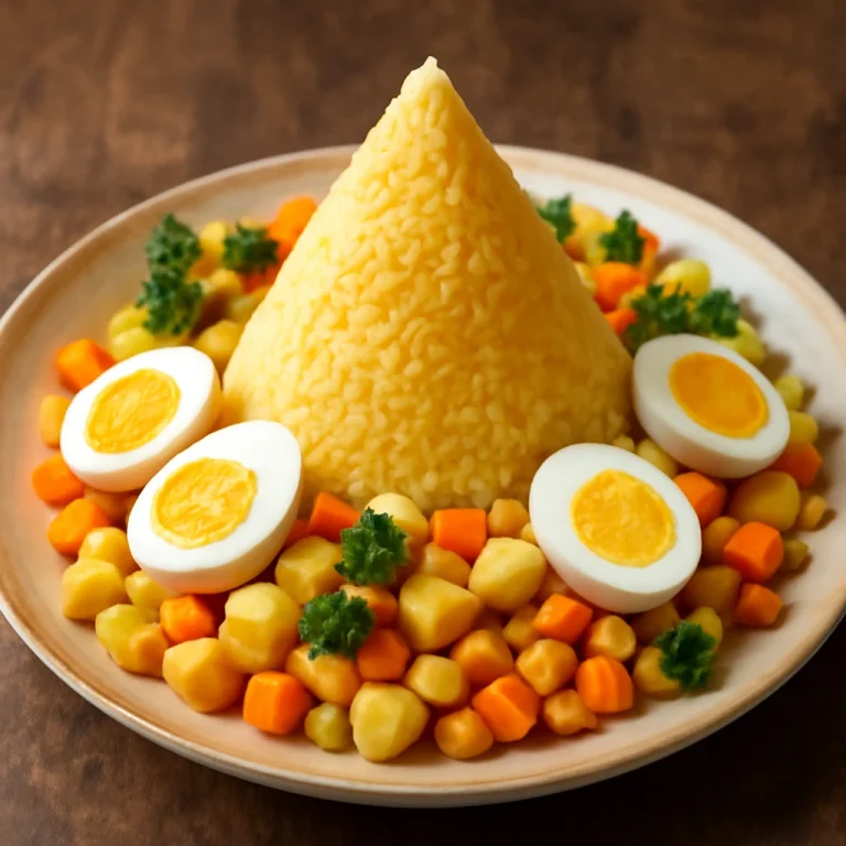 Tumpeng főtt tojással, piramis alakú rizses étel tojás díszítéssel