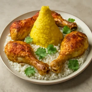 Tumpeng sült csirkével és kókuszos rizzsel, ünnepi étel