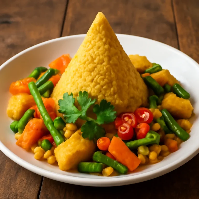 Tumpeng zöldségekkel tálalva, gazdag kókusztejes rizs friss zöldségekkel