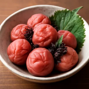 Fermentált japán szilva, shiso levelekkel