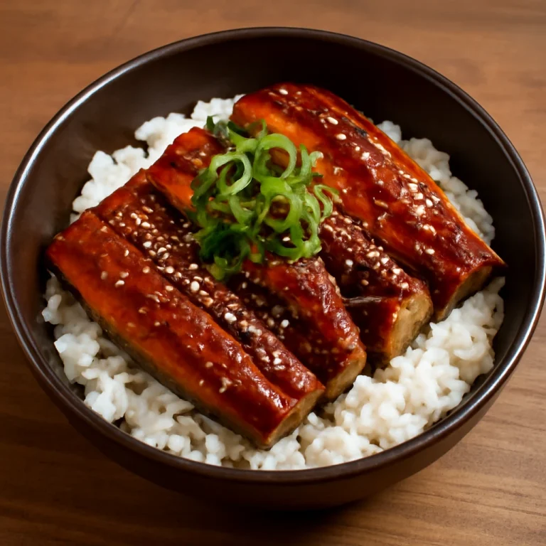 Unagi don, grillezett angolnával és szójaszószos rizssel tálalva
