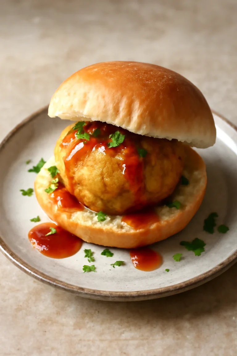Vada Pav, fűszeres burgonyagolyókkal, pirított zsemlében tálalva