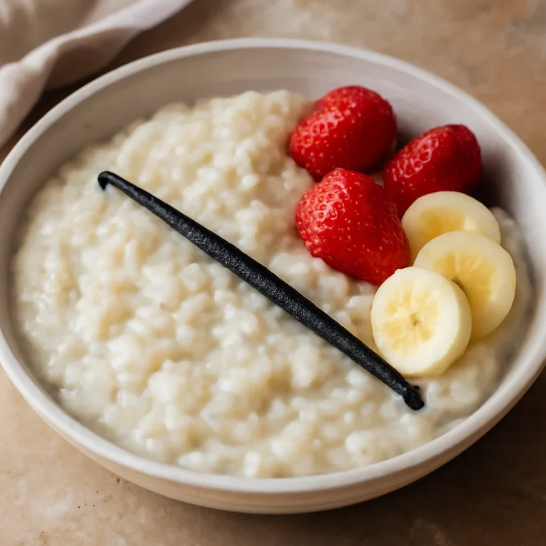 Vaníliás Congee friss gyümölcsökkel tálalva