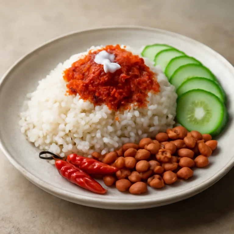 Vegan Nasi Lemak tálalva, gazdag kókuszos rizs és friss zöldségek.