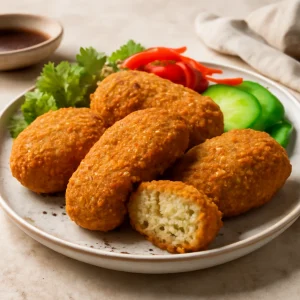 Vegán korokke ropogós külsővel, tálalva zöldségekkel