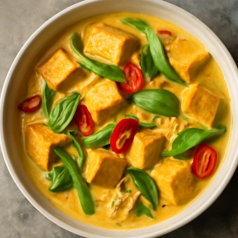 Vegetáriánus Bicol Express tofuval, kókusztejjel és friss zöldségekkel tálalva
