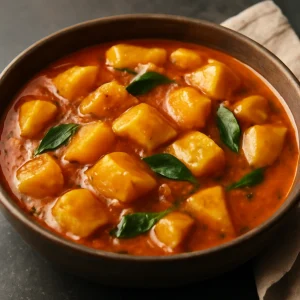 Krémes vindaloo burgonyával tálalva, friss kókusztejjel