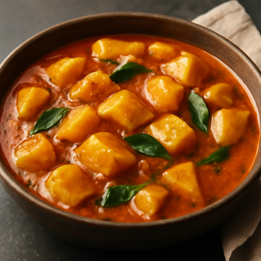 Krémes vindaloo burgonyával tálalva, friss kókusztejjel