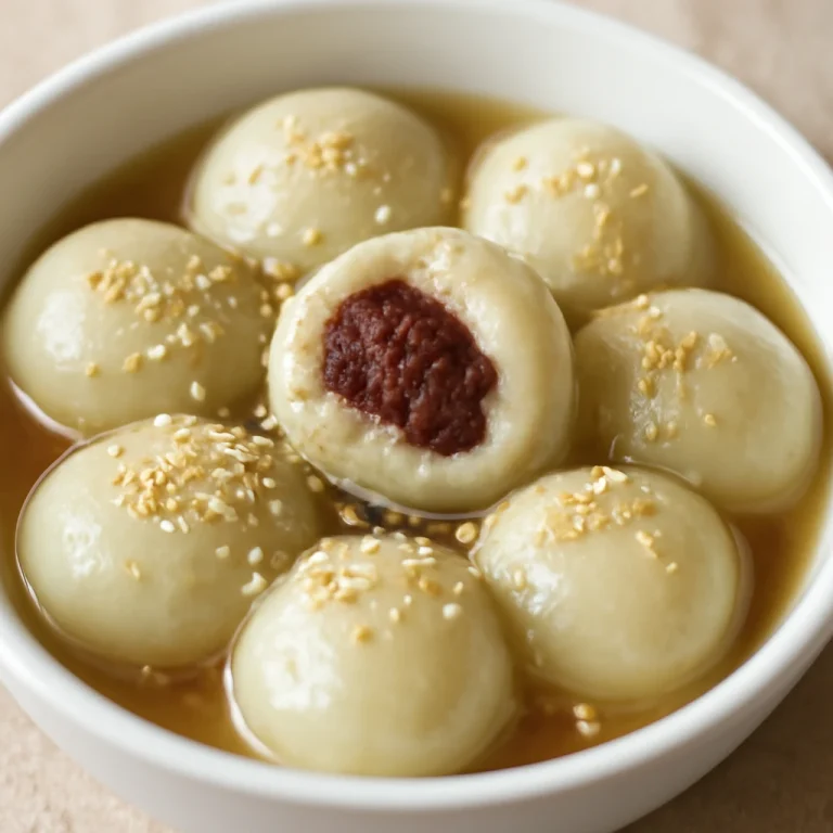 Vörösbabpürés tangyuan, szezámolajjal és cukorral tálalva
