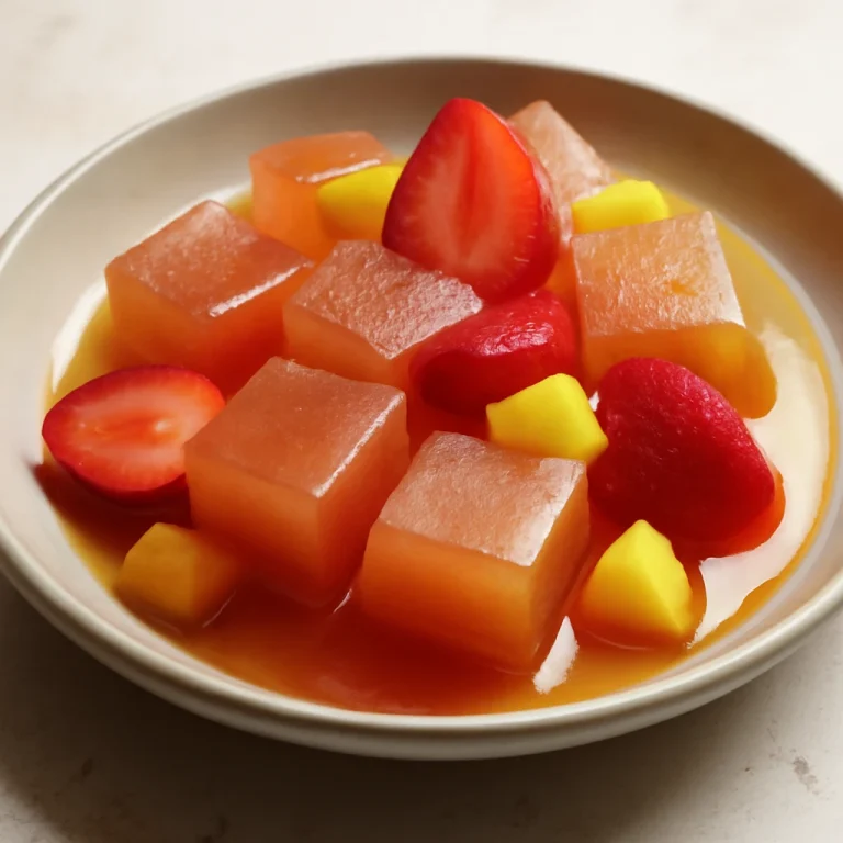 Warabi Mochi gyümölcslével tálalva, friss gyümölcsökkel