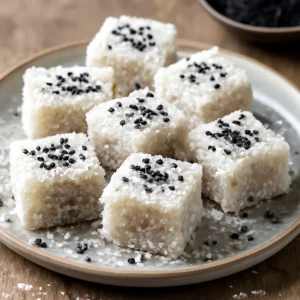 Japán warabi mochi, krémes kókusztejjel és friss textúrákkal