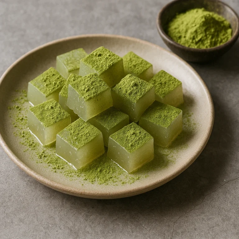 Warabi mochi kockák matcha porral megszórva, áttetsző zselés textúrával, elegánsan tálalva