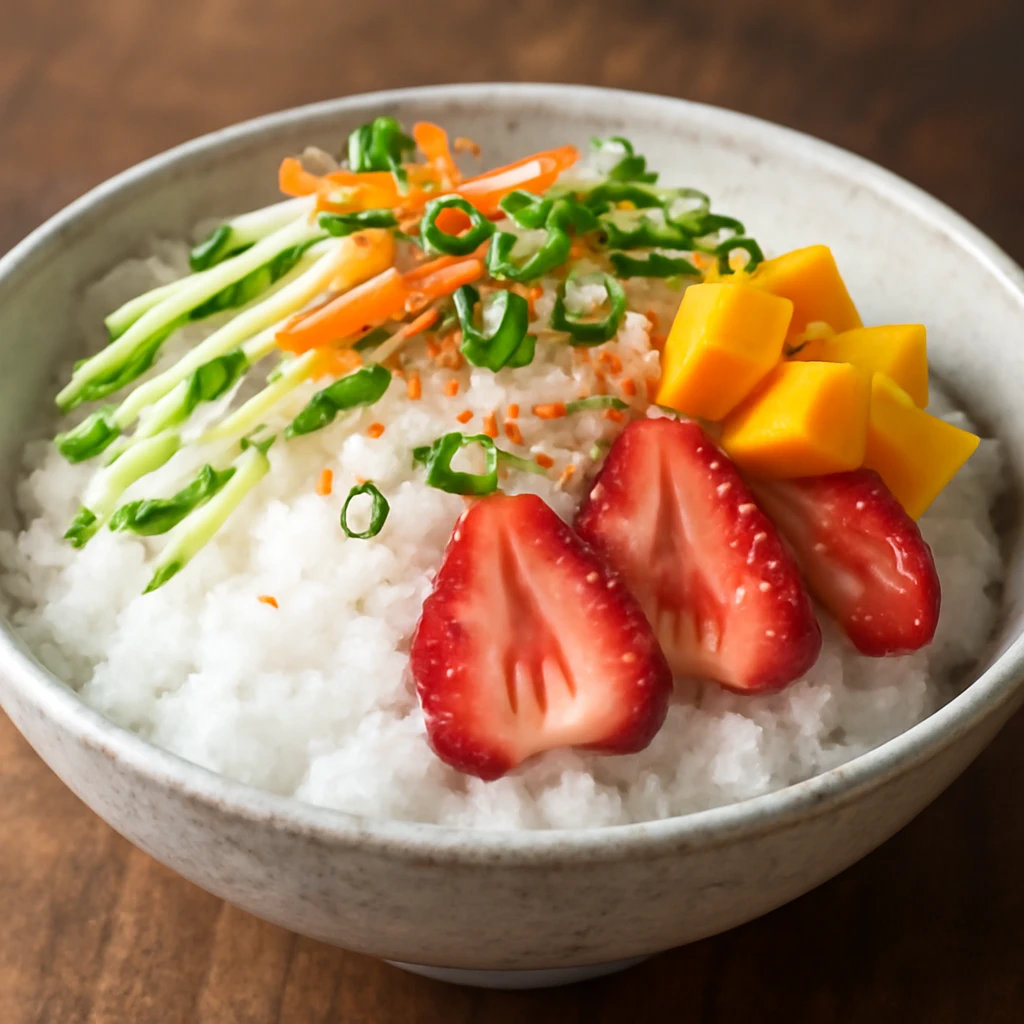 Friss Yachae Bingsu, jÃ©ggel Ã©s gyÃ¼mÃ¶lcsÃ¶kkel dÃ­szÃ­tve