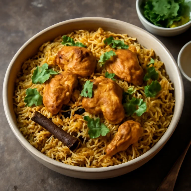 Yakhni Pulao, fűszeres csirke és rizs tálalva