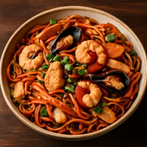 Fűszeres japán tészta garnélával, kagylóval és csirkével