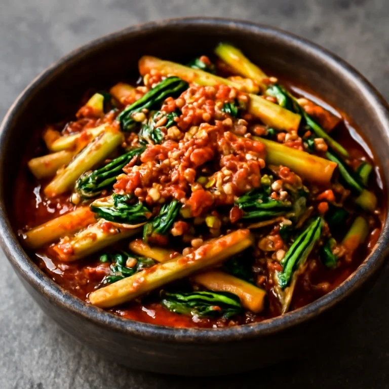 Yeolmu kimchi, fiatal nyári retek, fokhagymás és fűszeres pasztával, szezámmaggal díszítve